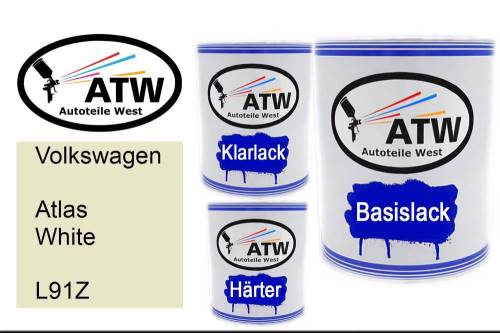 Volkswagen, Atlas White, L91Z: 1L Lackdose + 1L Klarlack + 500ml Härter - Set, von ATW Autoteile West.